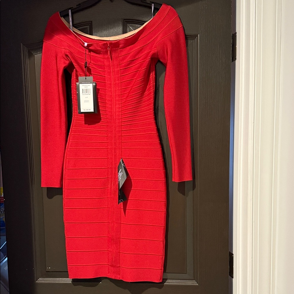 Herve Leger Vibrant Red Long Sleeve Dress